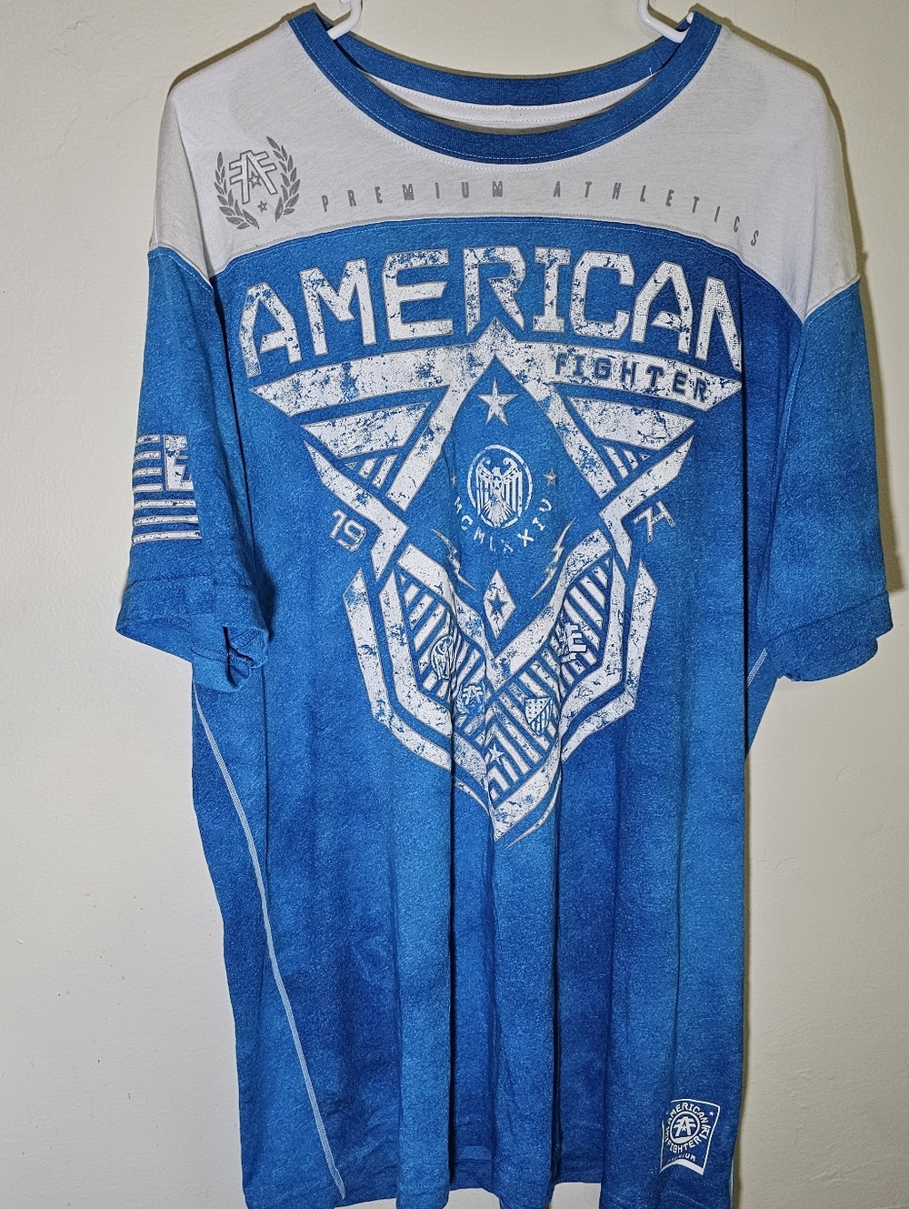 Men's American Fighter White/Blue T Shirt MMA Fight Wear Dbl Sided Size XXL 2XL